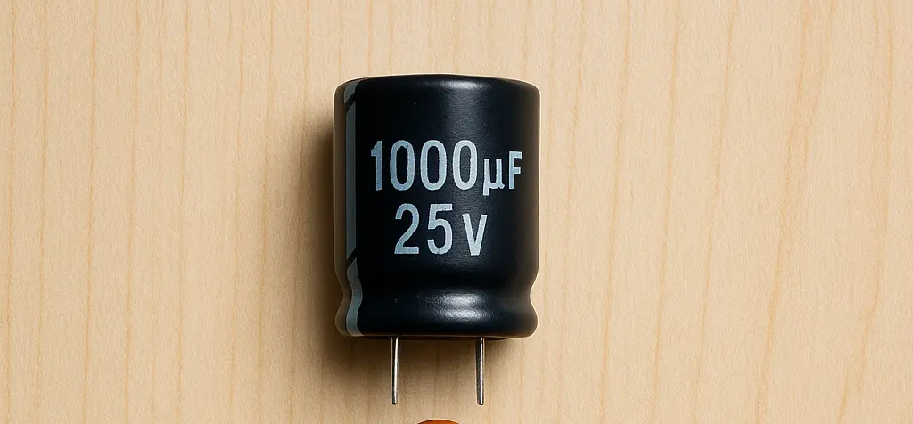 Black electrolytic capacitor labeled 1000µF 25V