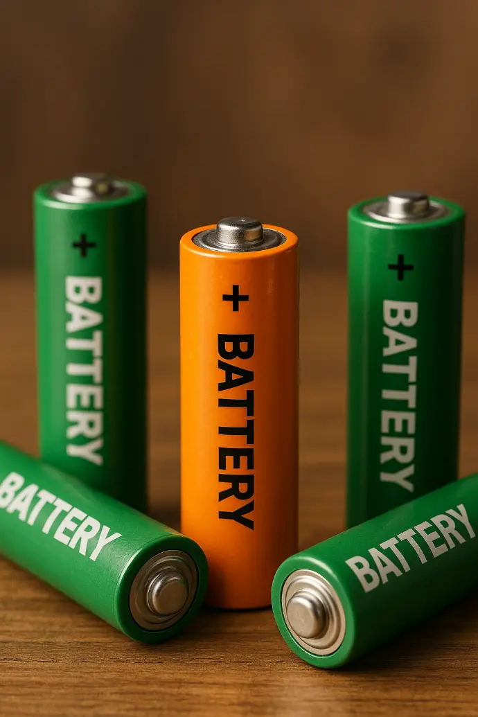 Close-up of AA and AAA green batteries